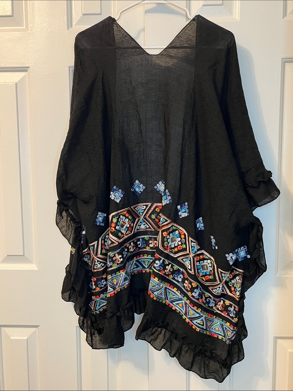 Colorful Black Kimono Open Front Cardigan Duster Geometric Design Tribal Size OS - Picture 8 of 8